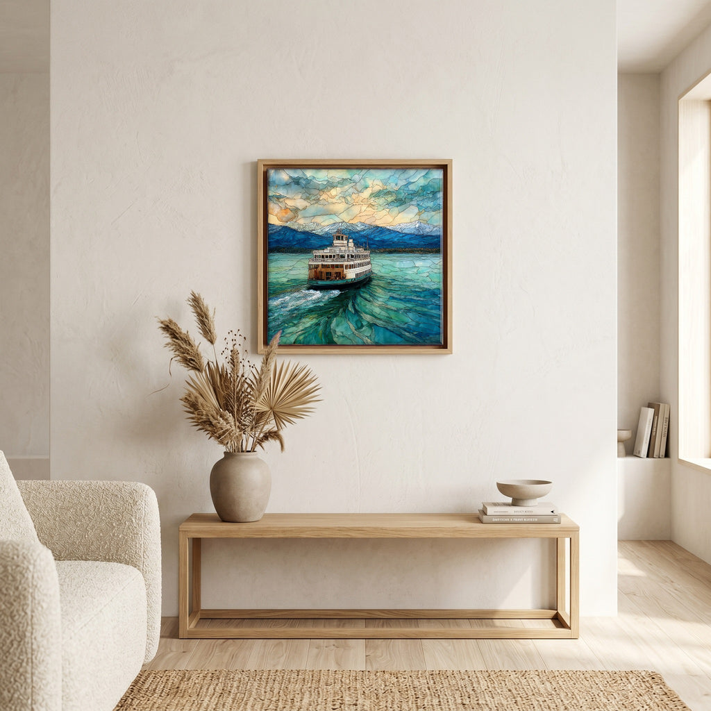 In the living room, above the sofa.
