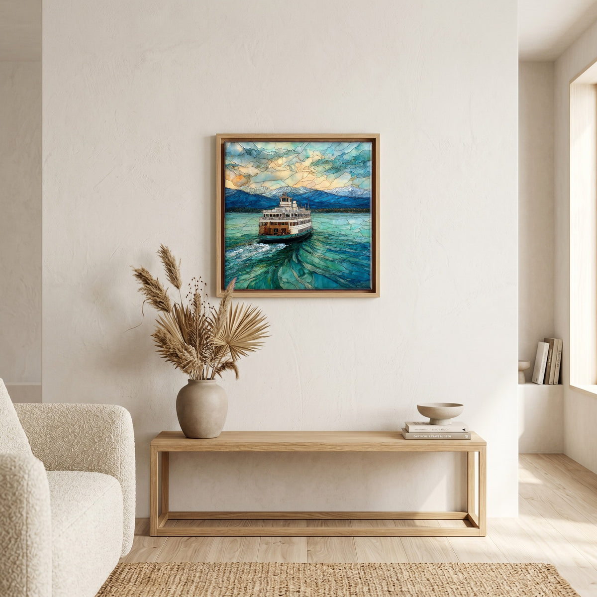 In the living room, above the sofa.