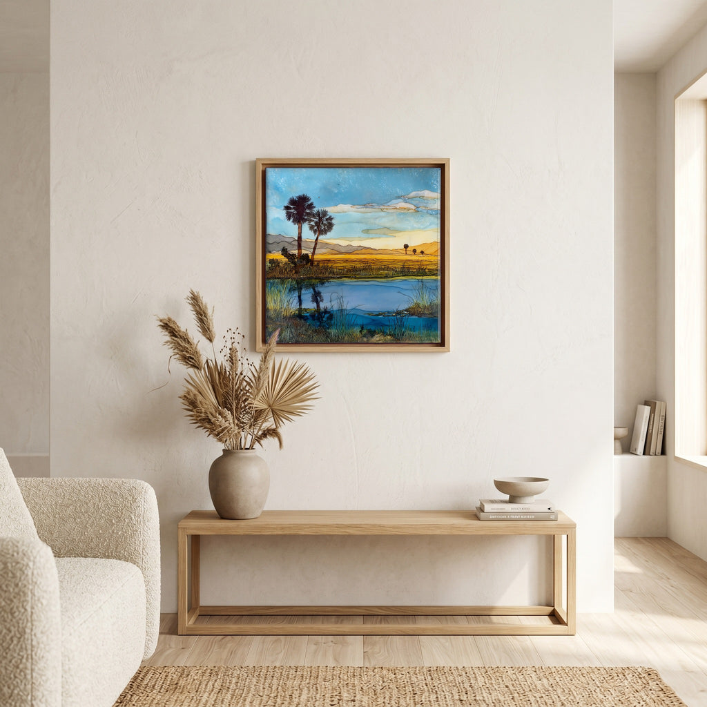 In the living room, above the sofa.