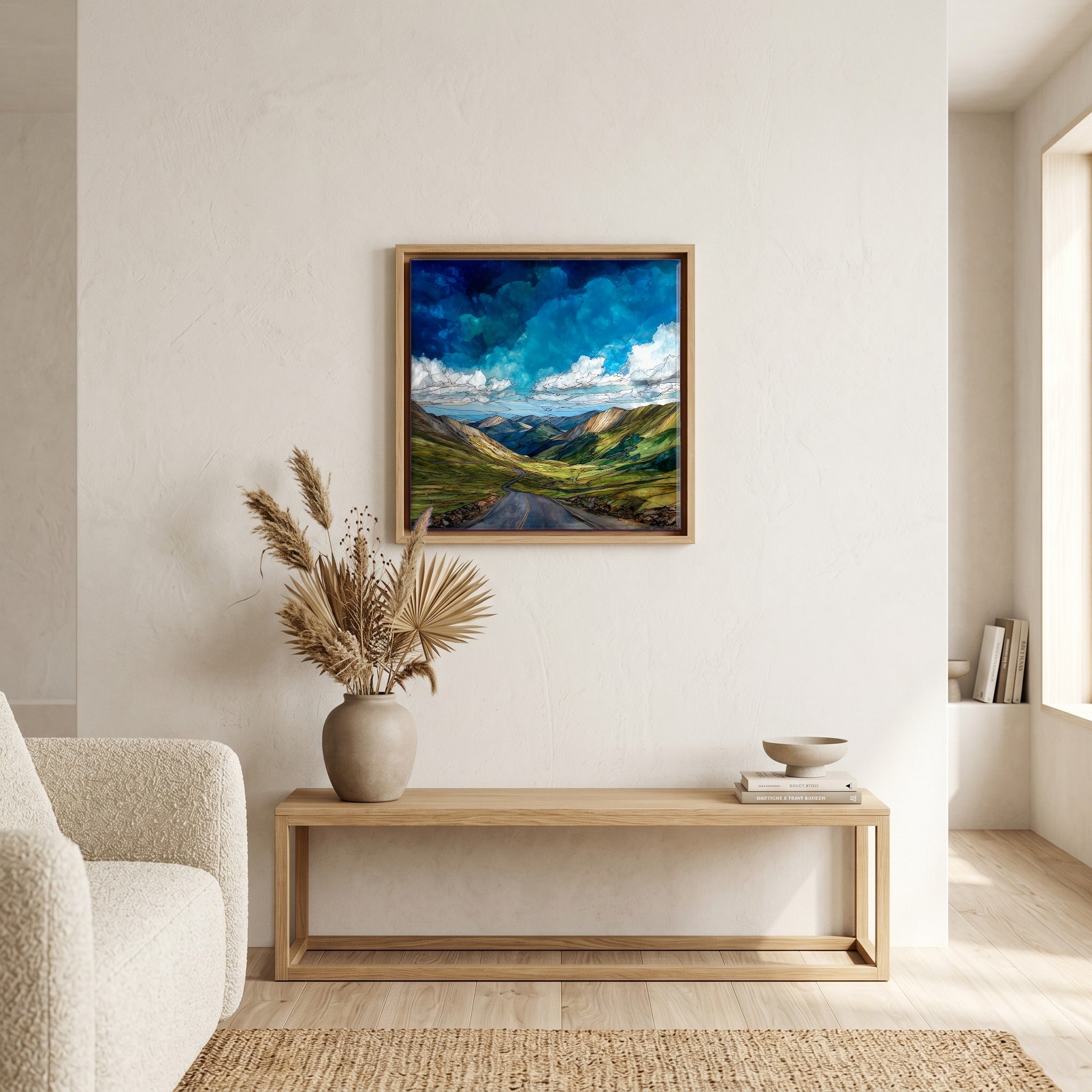 In the living room, above the sofa.