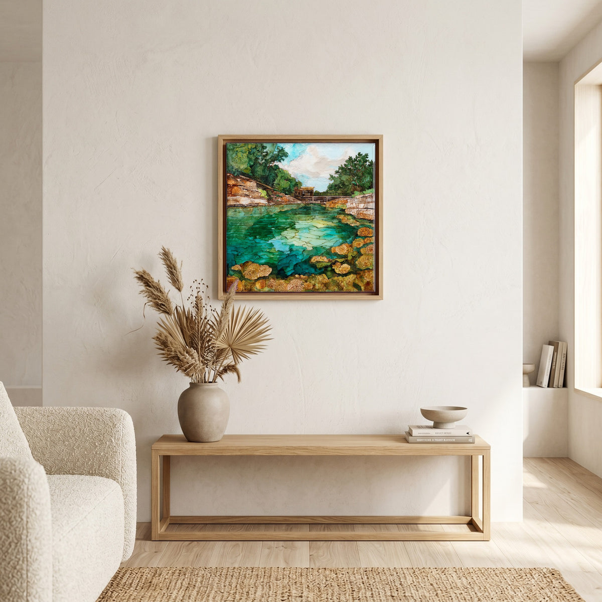 In the living room, above the sofa.