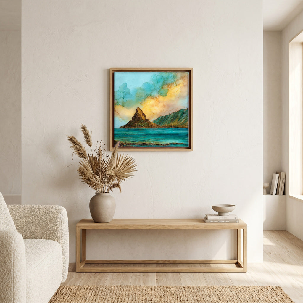 Above the bench, in a warm oak surround.