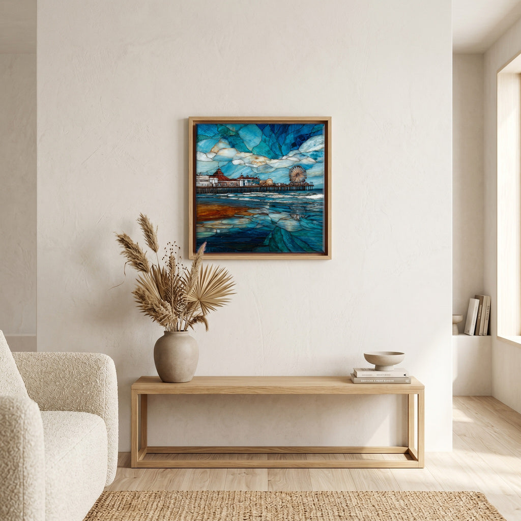 In the living room, above the sofa.