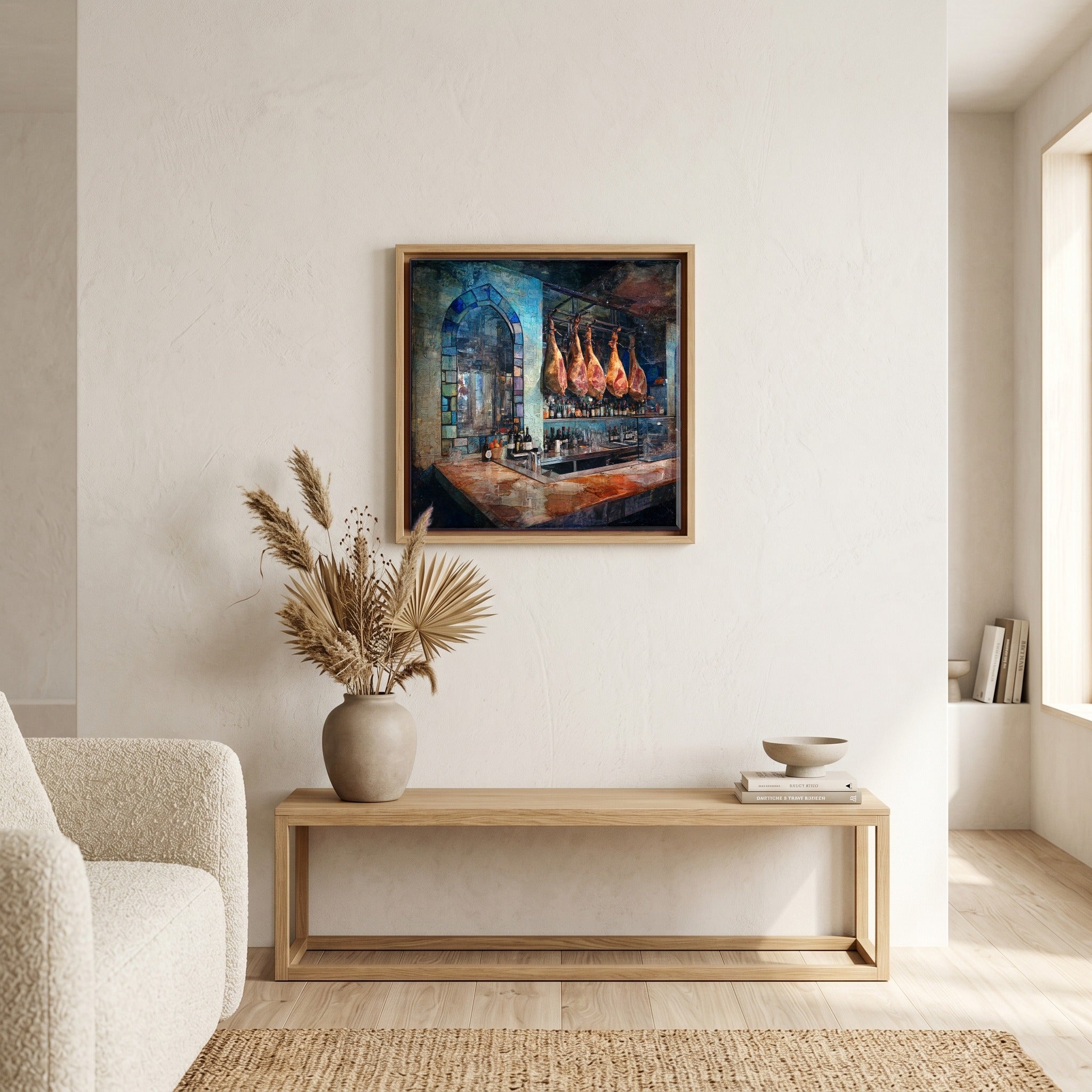 In the living room, above the sofa.