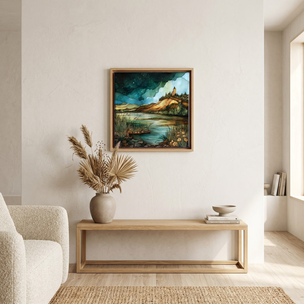 In the living room, above the sofa.