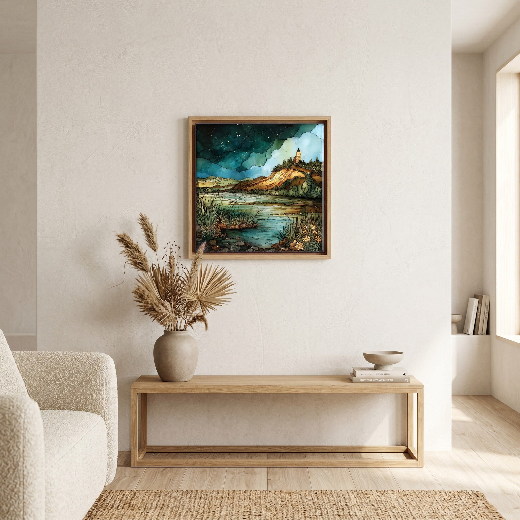 In the living room, above the sofa.