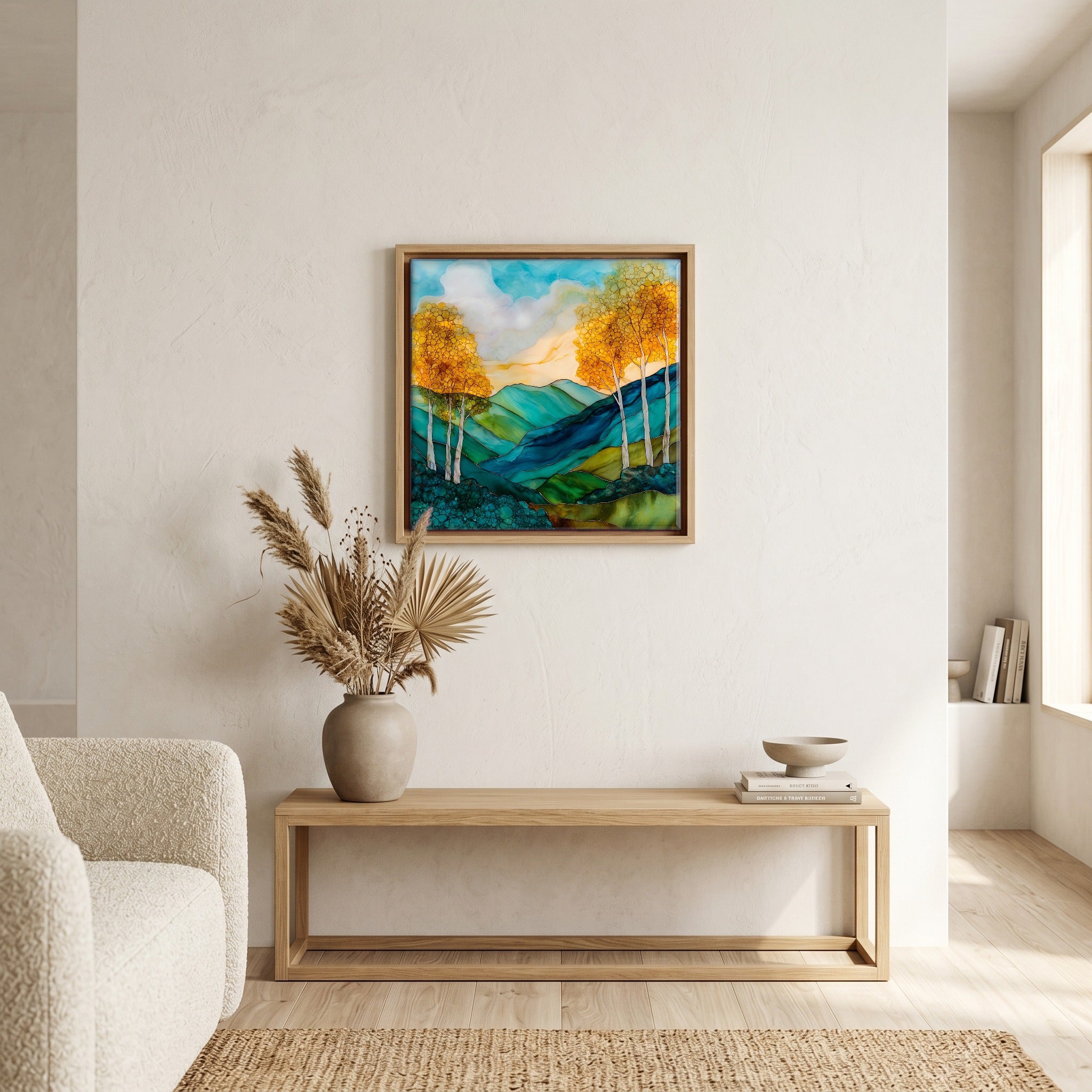 In the living room, above the sofa.