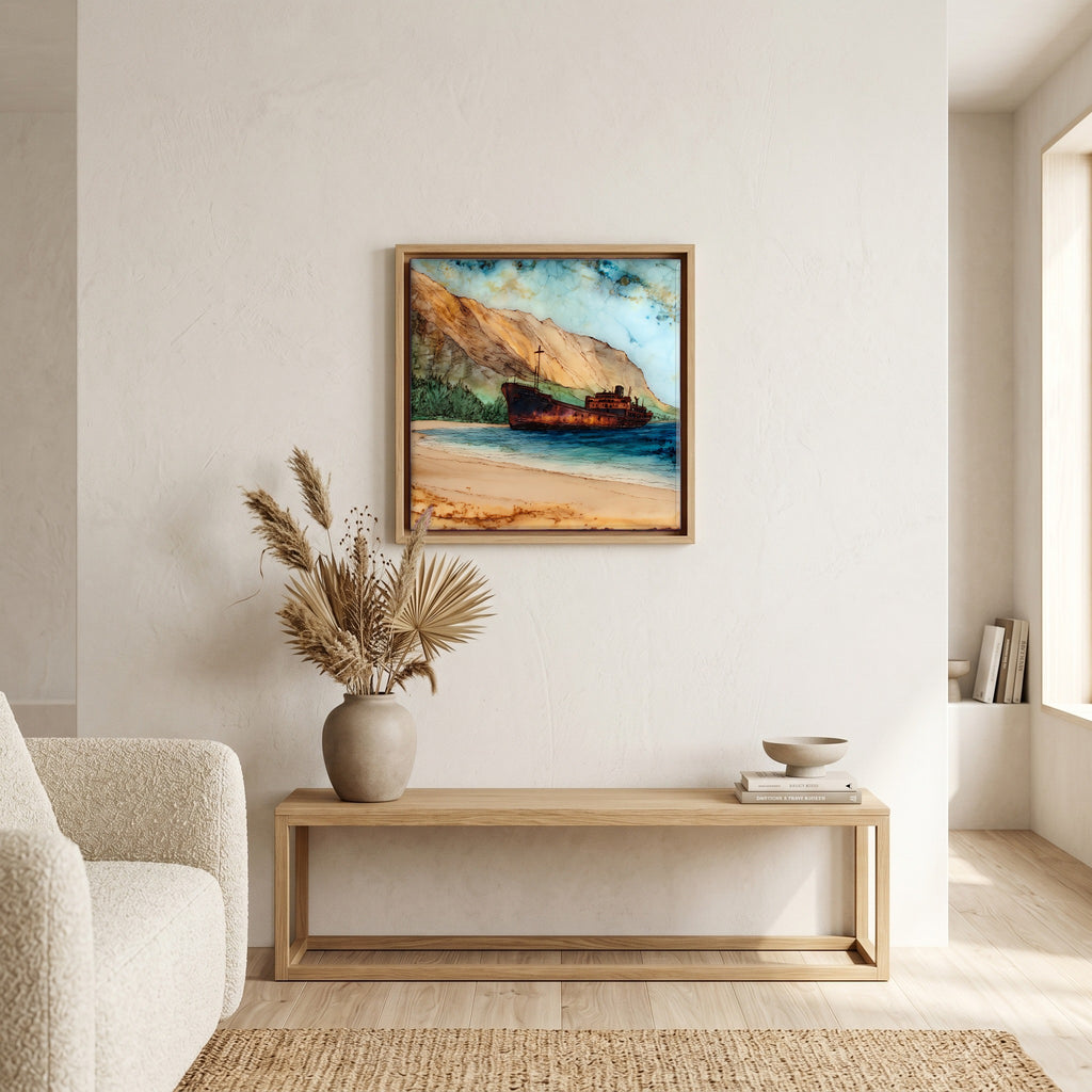 Above the bench, in a warm oak surround.