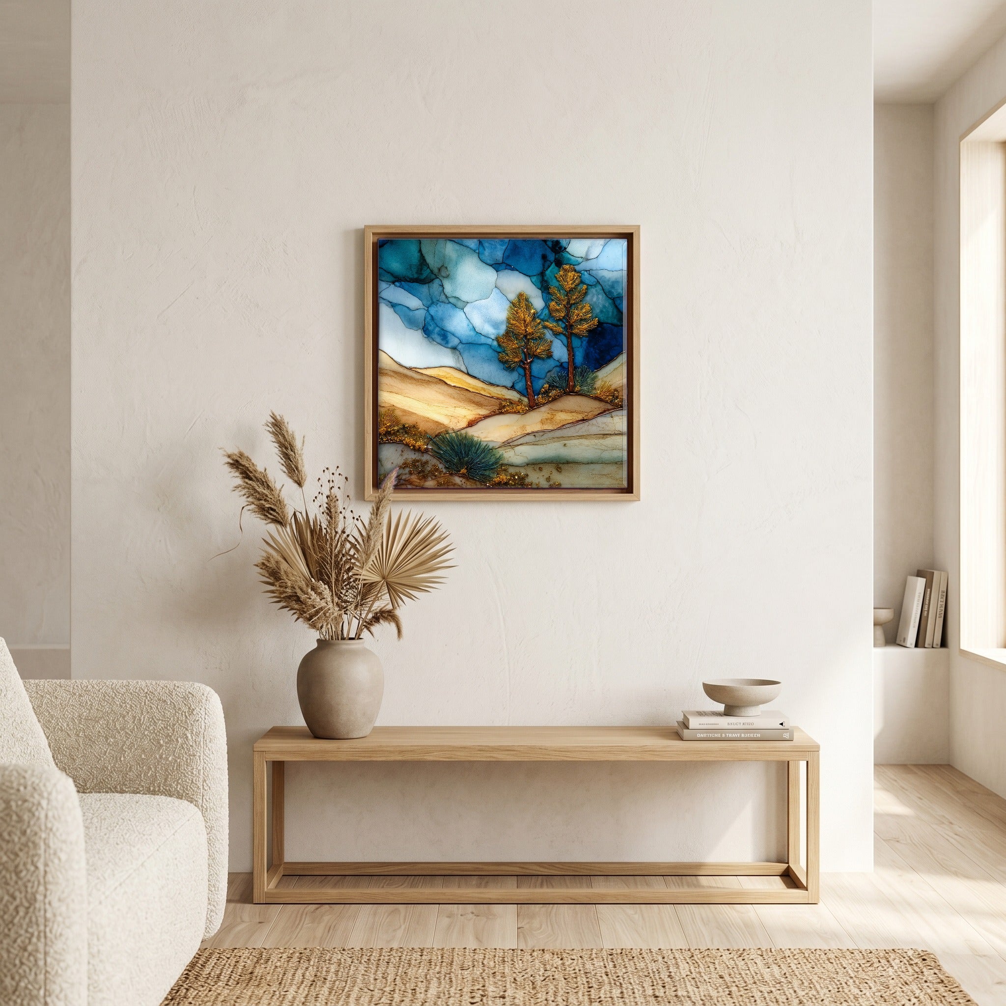 In the living room, above the sofa.