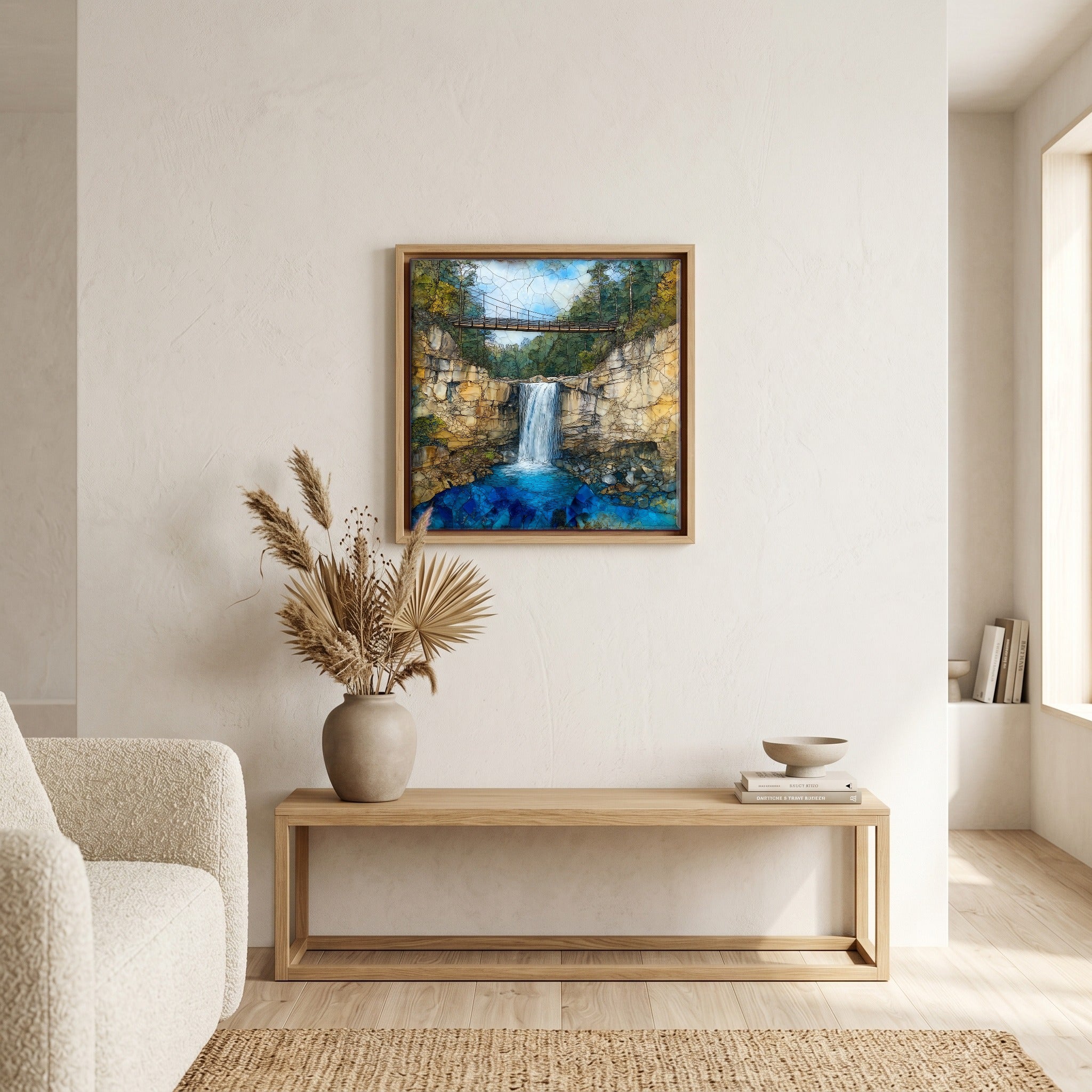 In the living room, above the sofa.