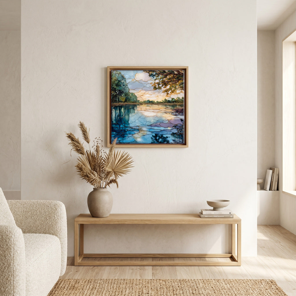 Above the bench, in a warm oak surround.