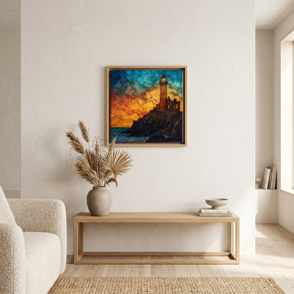 Above the bench, in a warm oak surround.