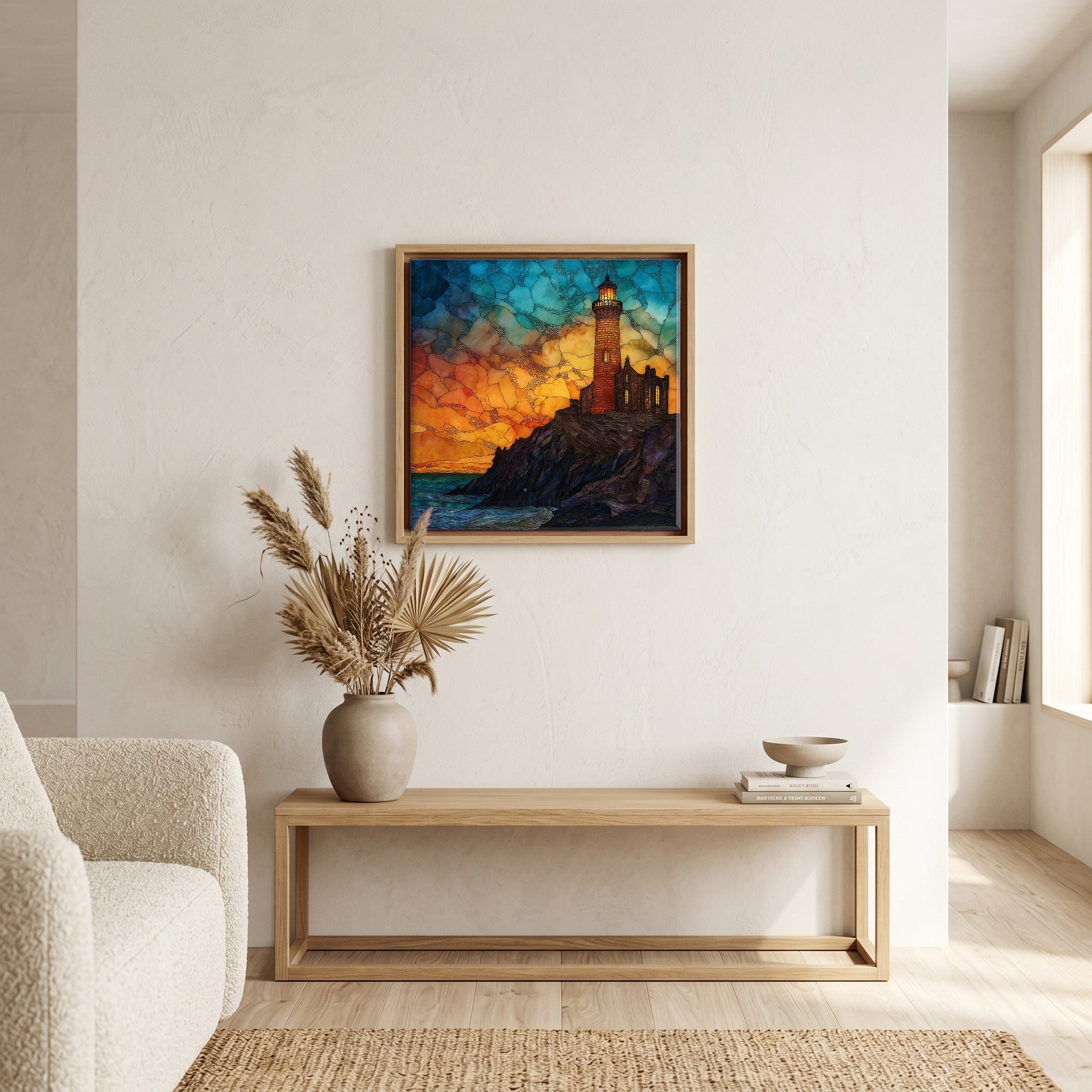 Above the bench, in a warm oak surround.