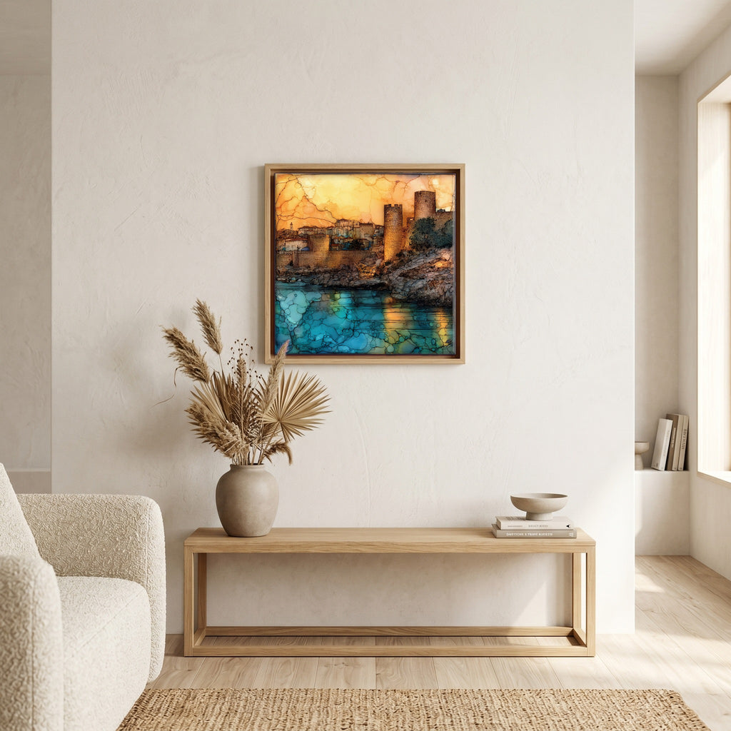 Above the bench, in a warm oak surround.