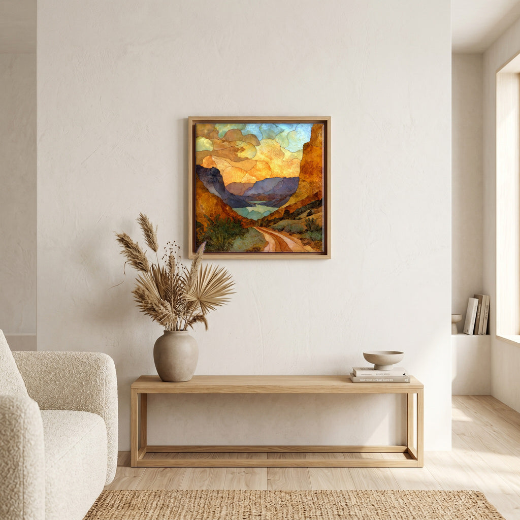 In the living room, above the sofa.