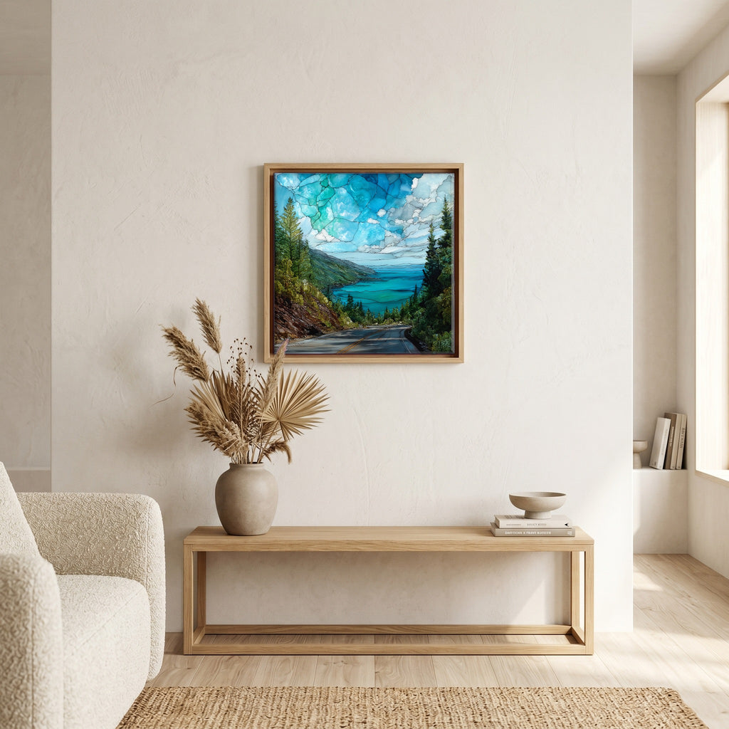 In the living room, above the sofa.