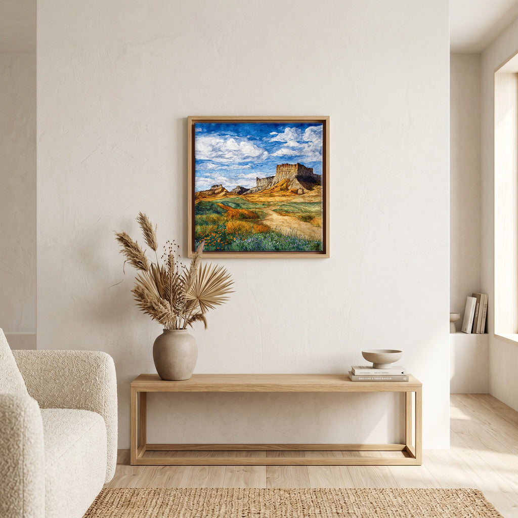 In the living room, above the sofa.
