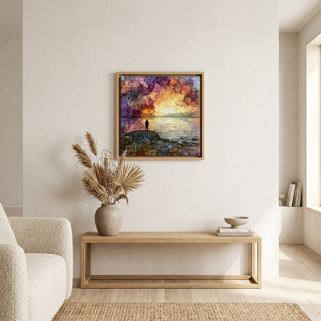In the living room, above the sofa.