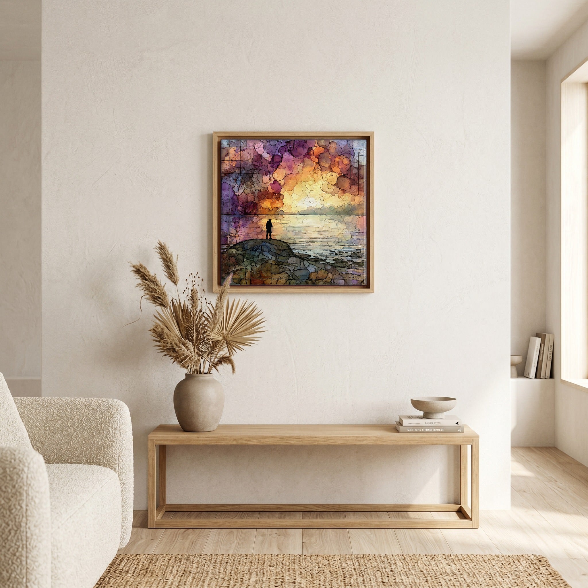 In the living room, above the sofa.