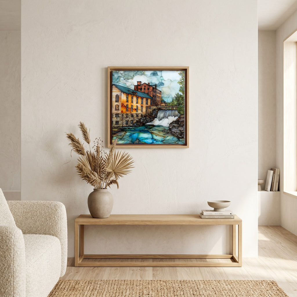 In the living room, above the sofa.