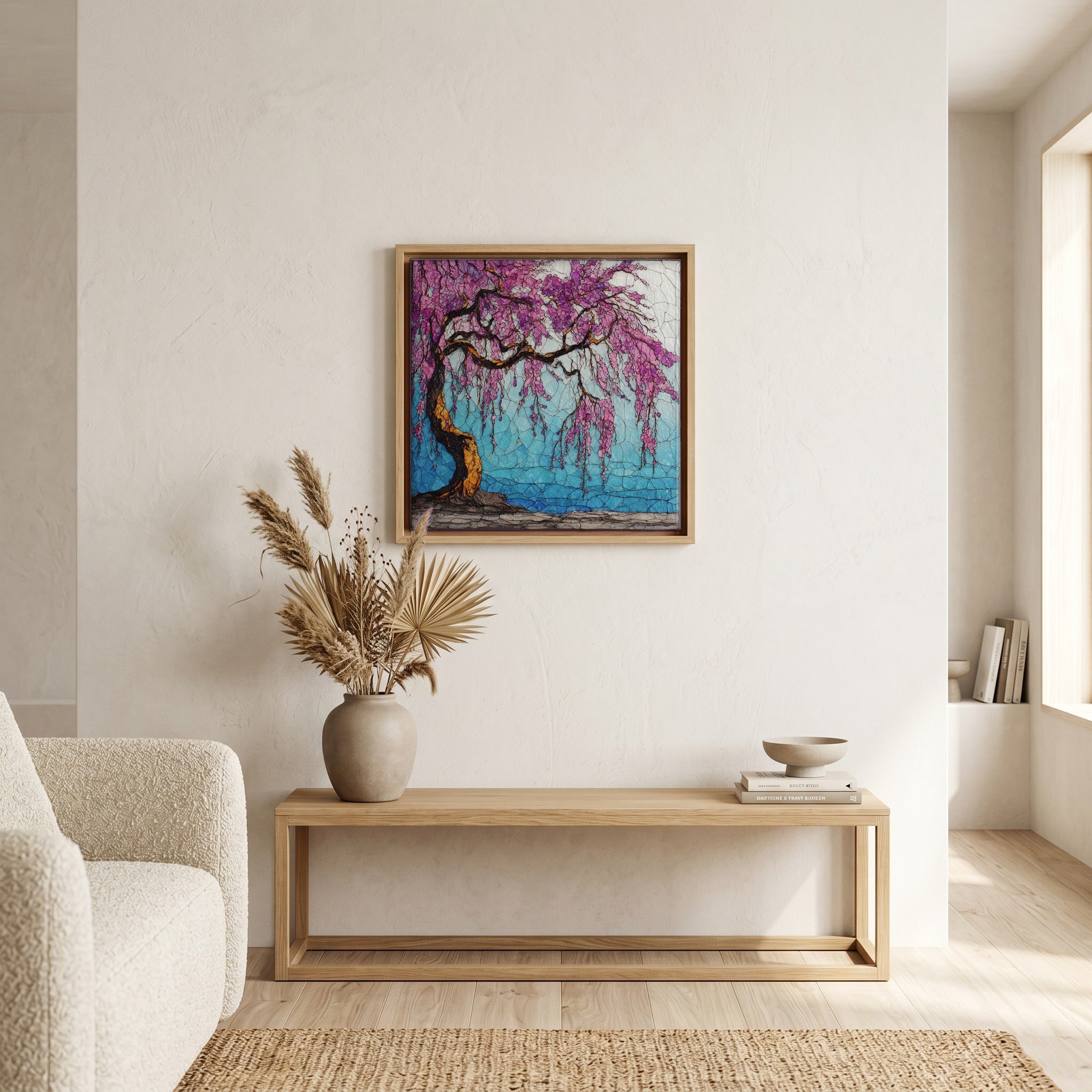 In the living room, above the sofa.