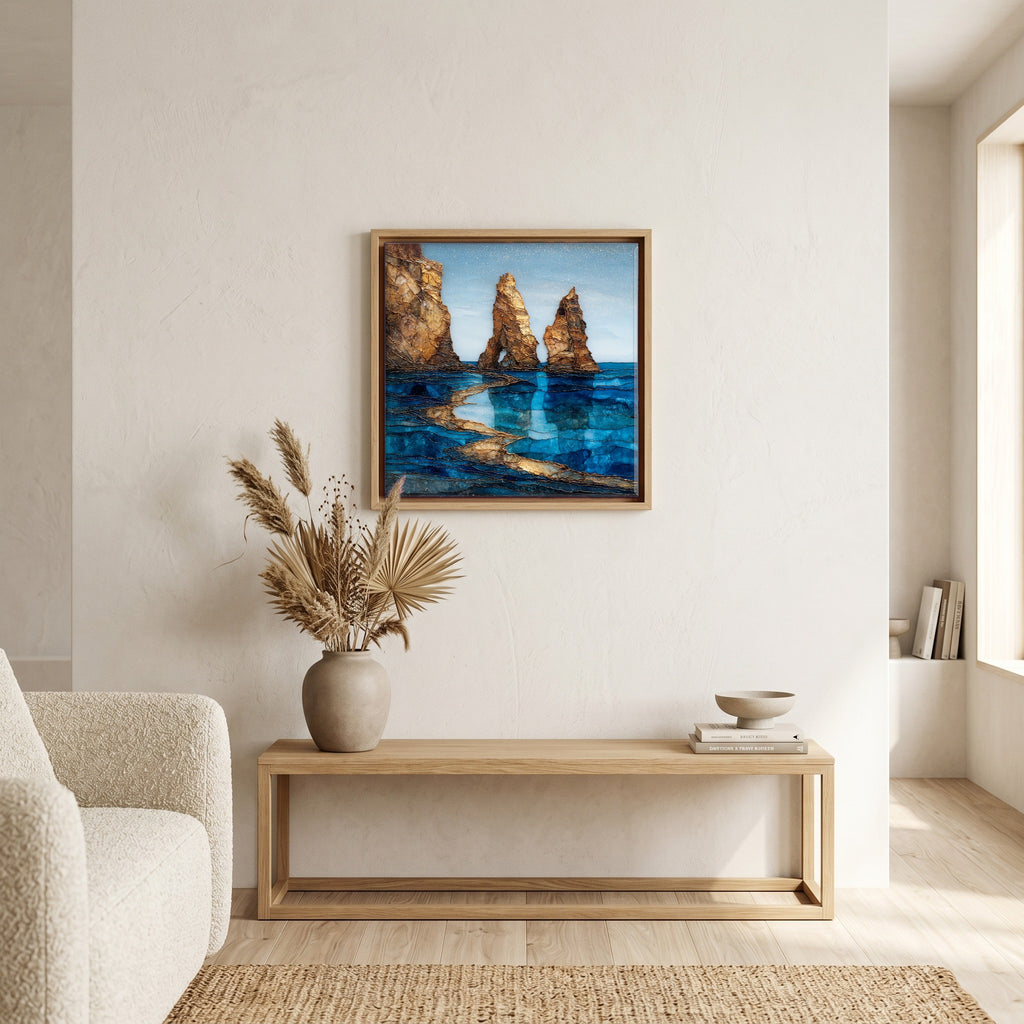 In the living room, above the sofa.