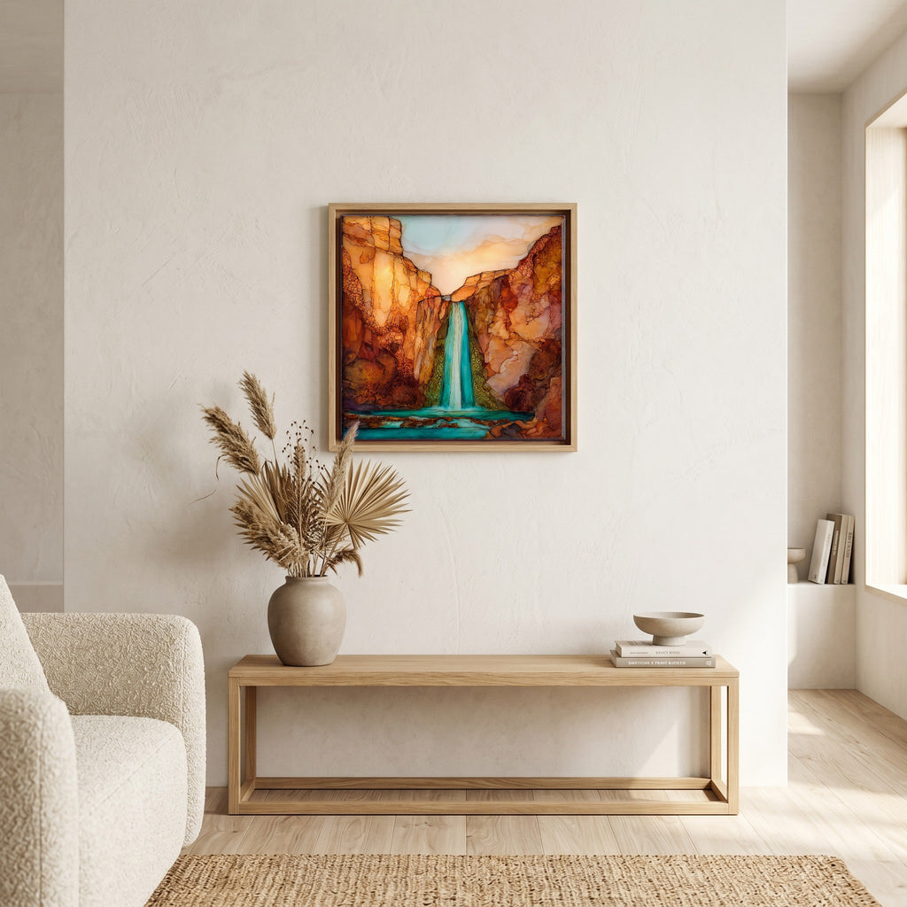 In the living room, above the sofa.