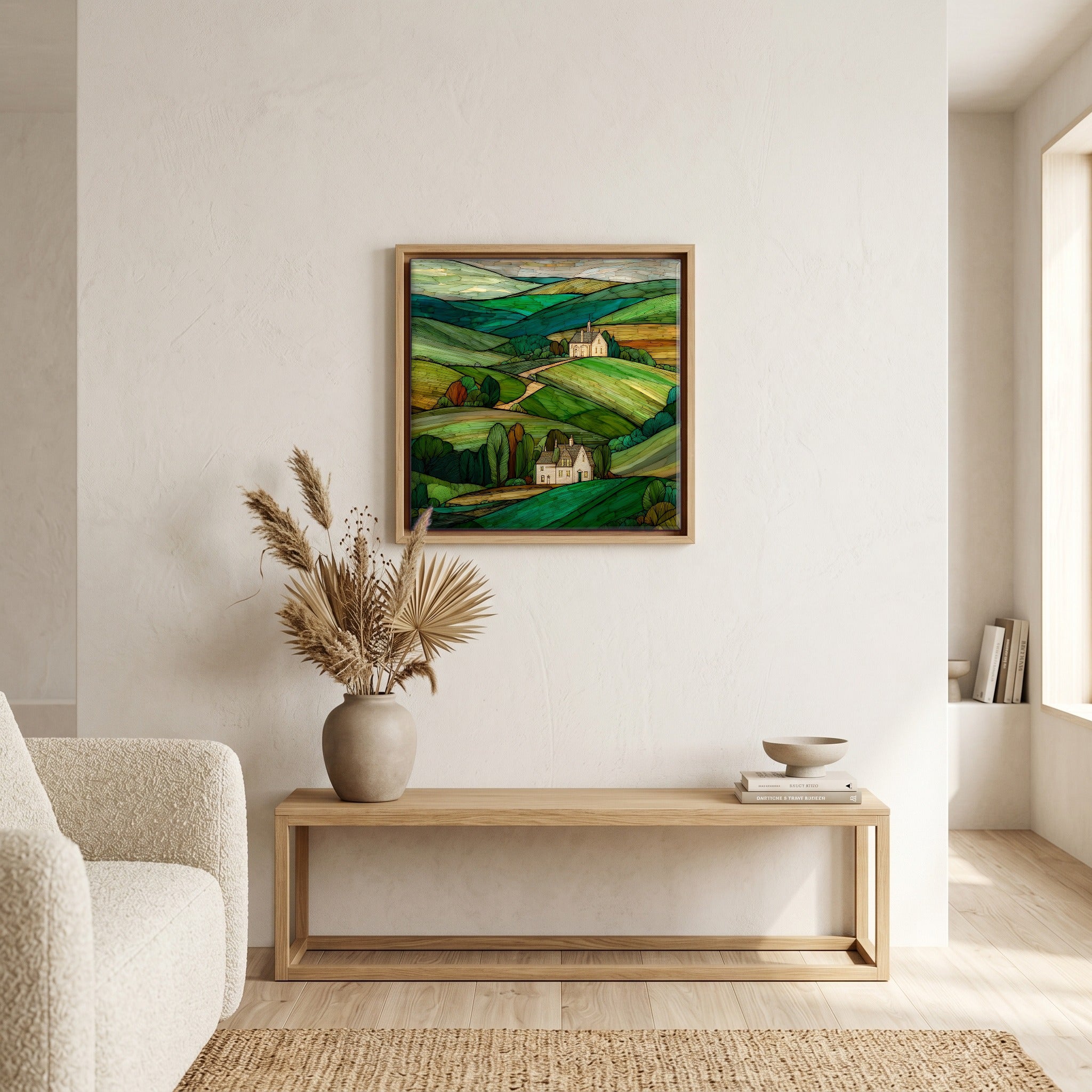 In the living room, above the sofa.