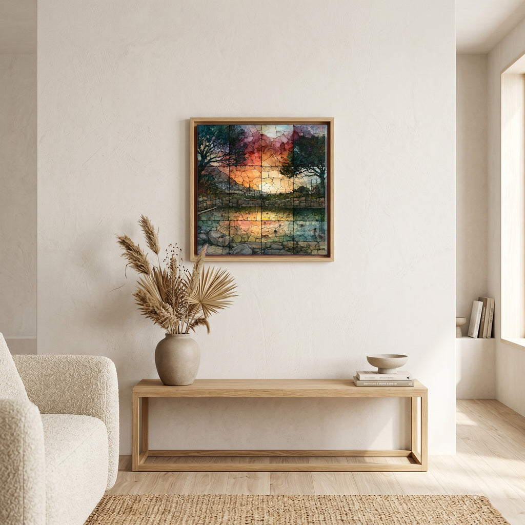 In the living room, above the sofa.