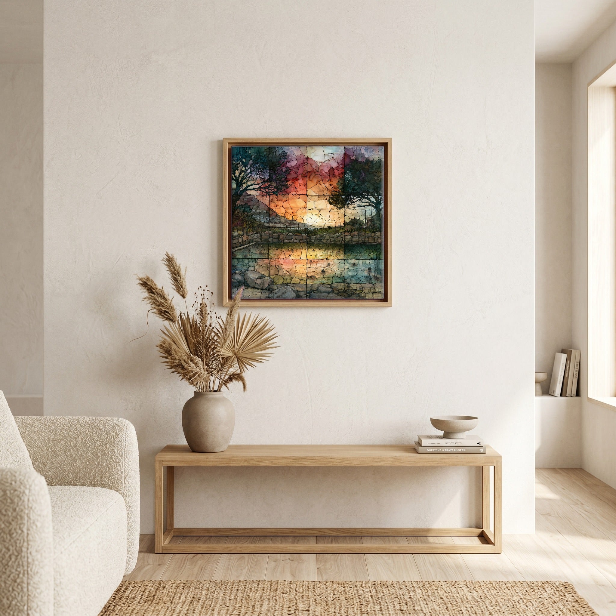 In the living room, above the sofa.