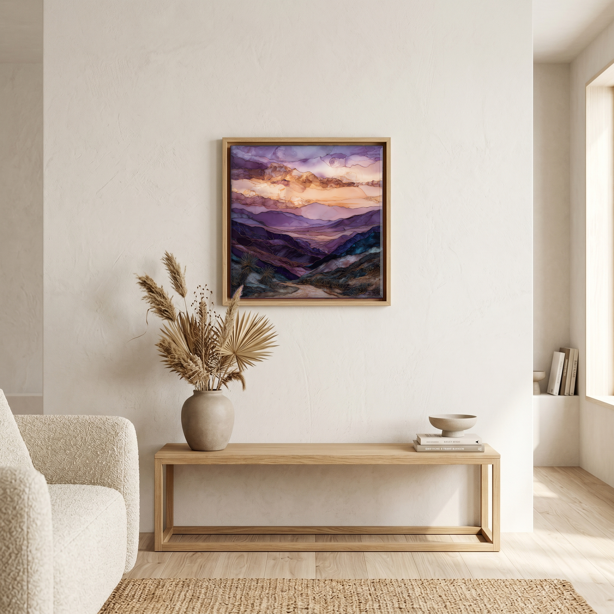 Above the bench, in a warm oak surround.