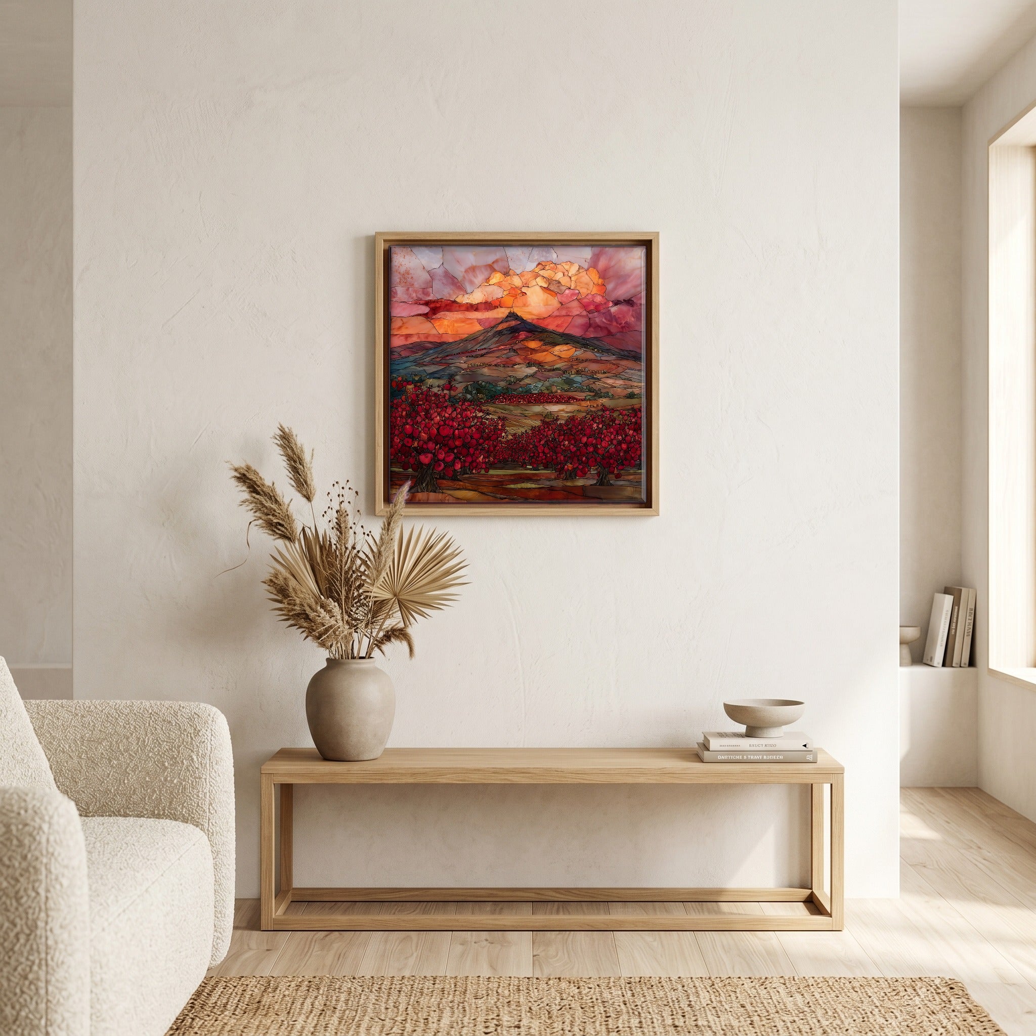 In the living room, above the sofa.