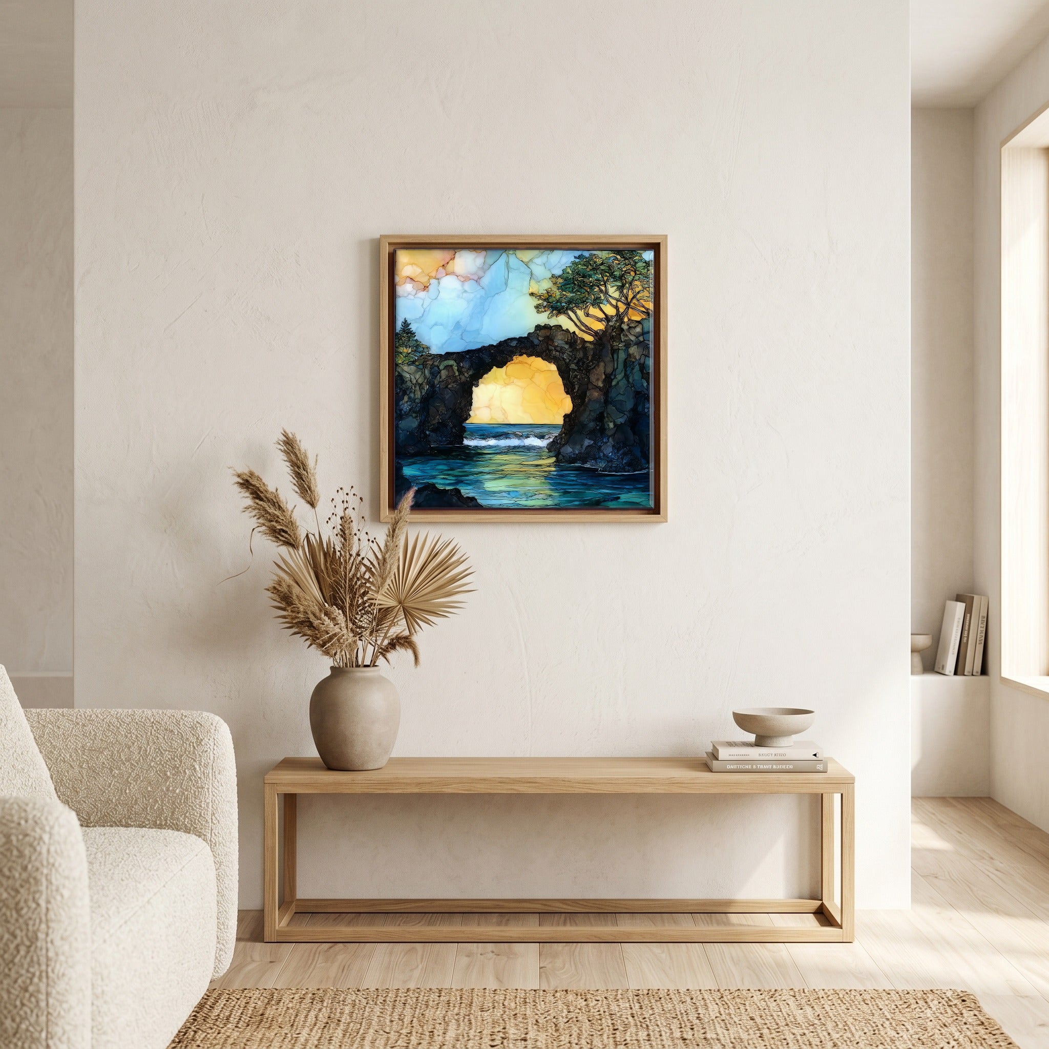 Above the bench, in a warm oak surround.