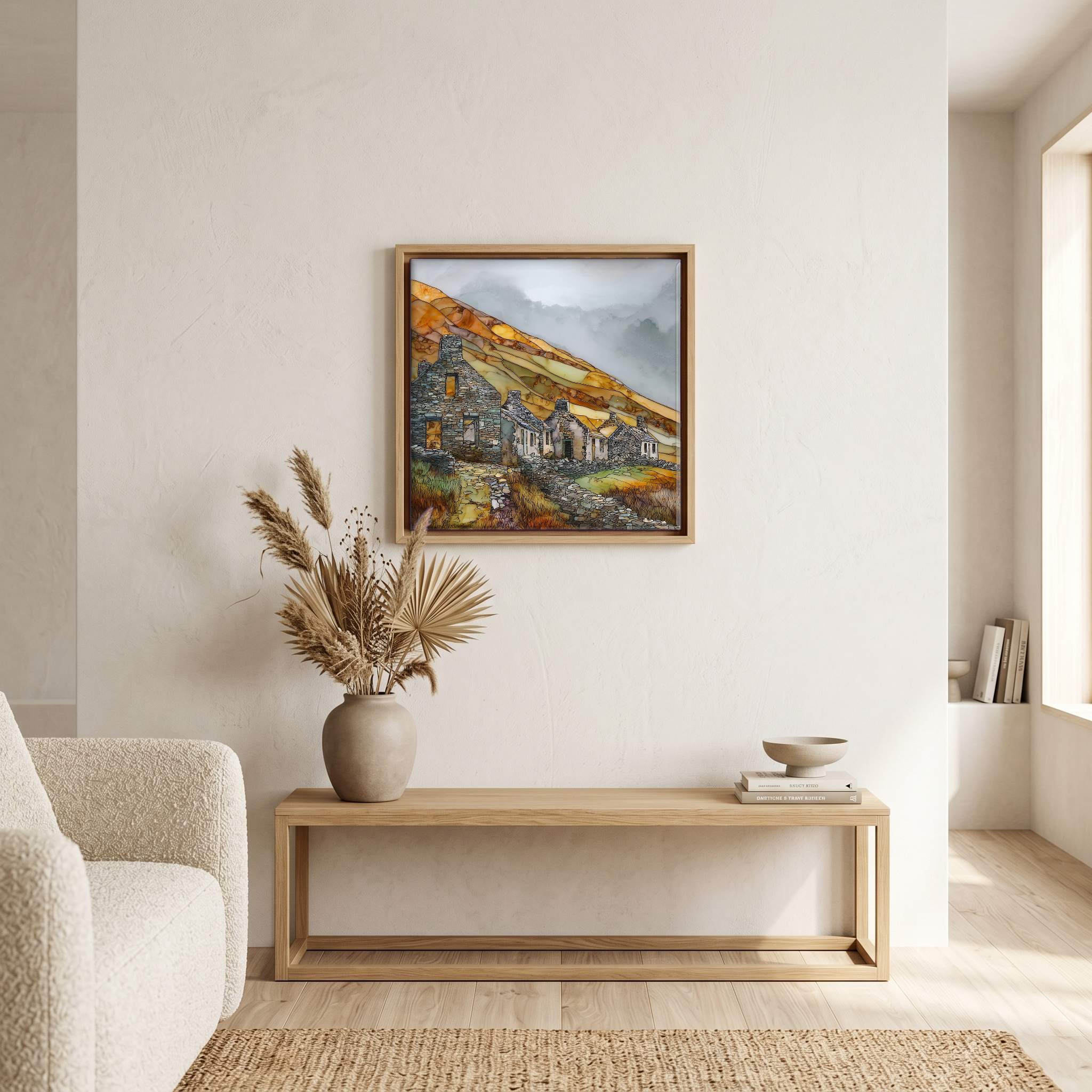 Above the bench, in a warm oak surround.