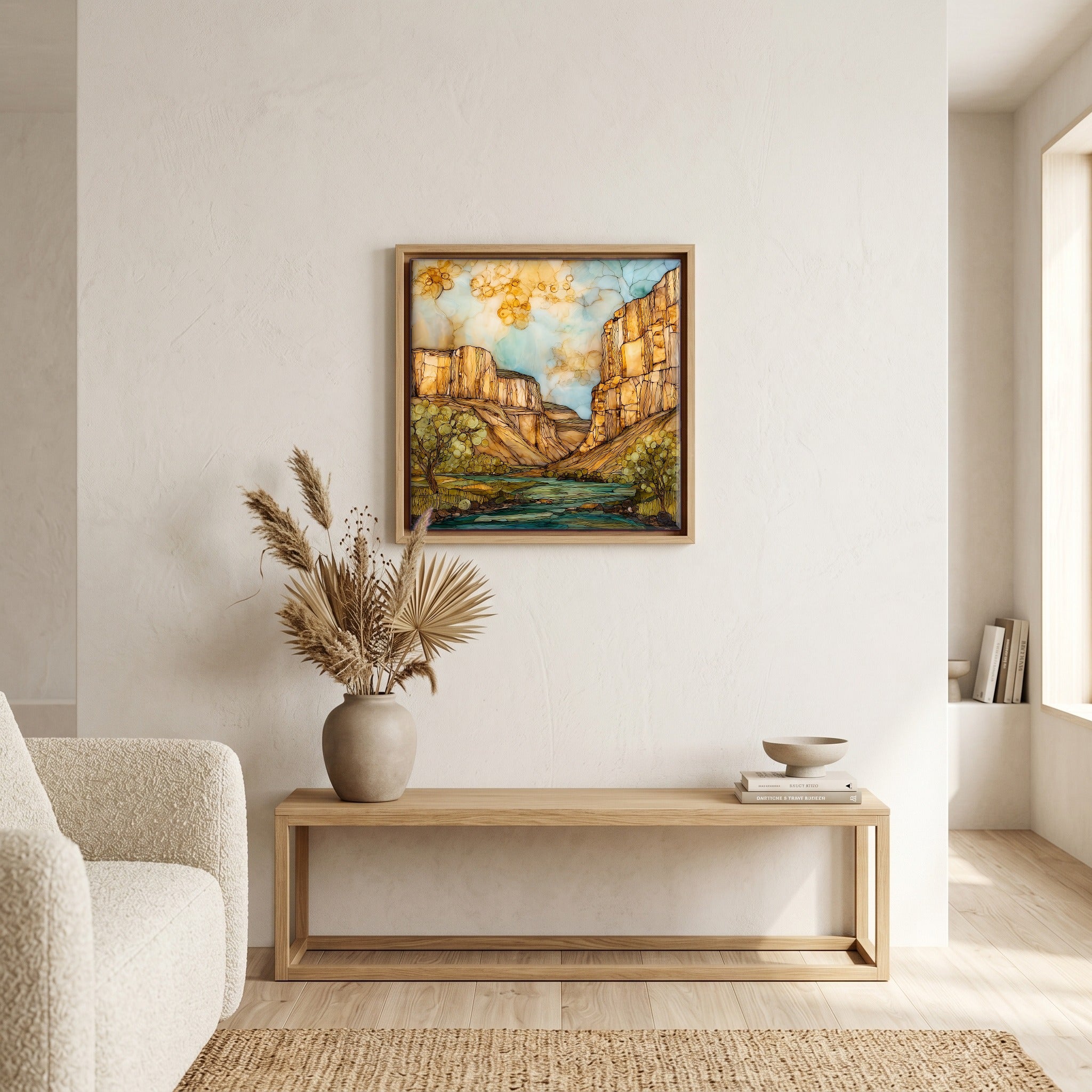 Above the bench, in a warm oak surround.