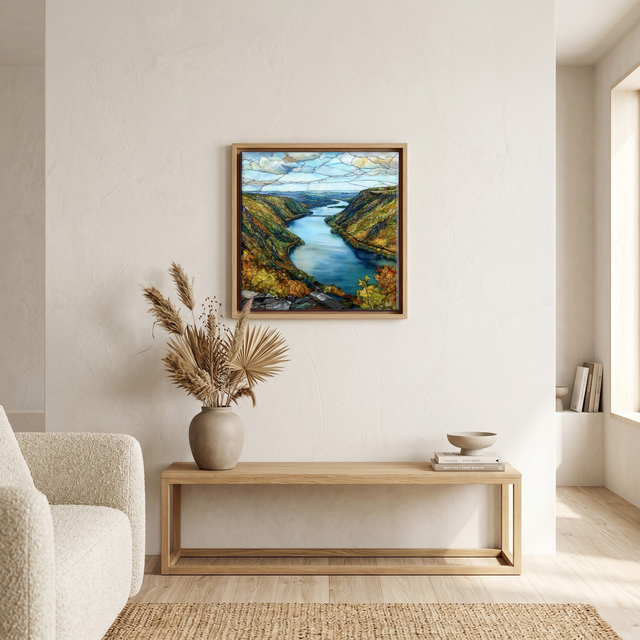 In the living room, above the sofa.