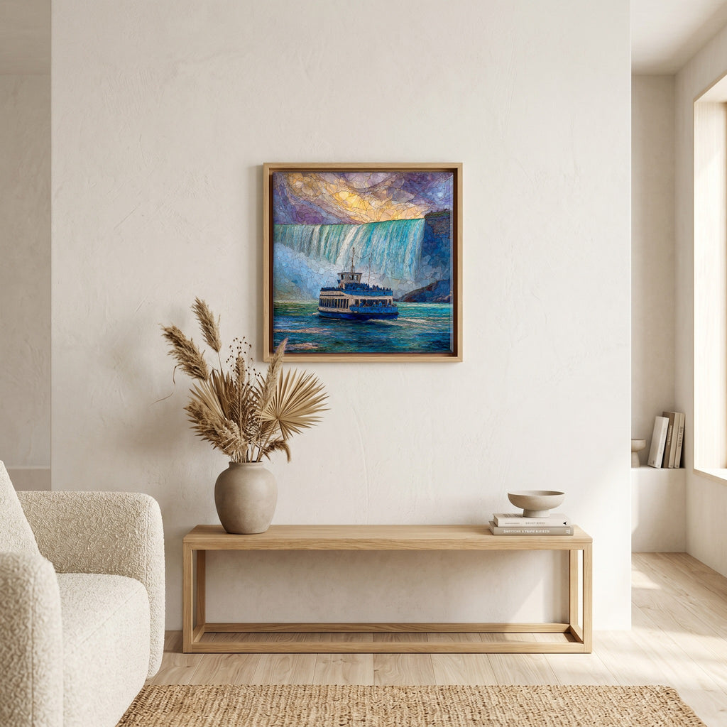 In the living room, above the sofa.