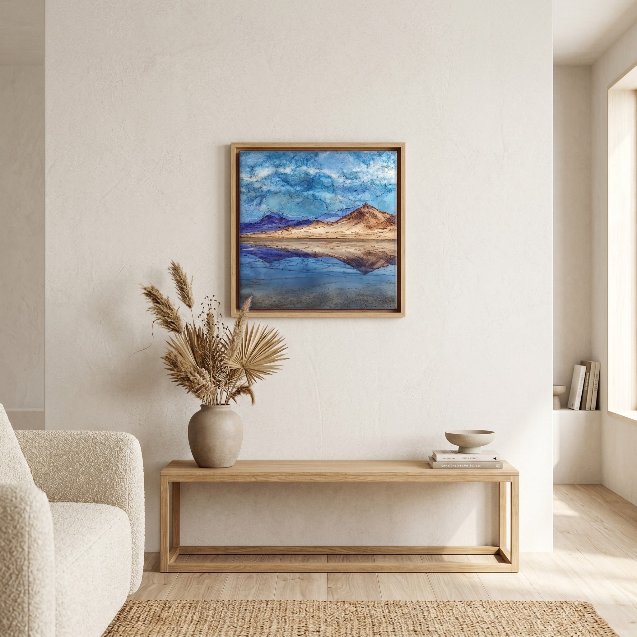 In the living room, above the sofa.