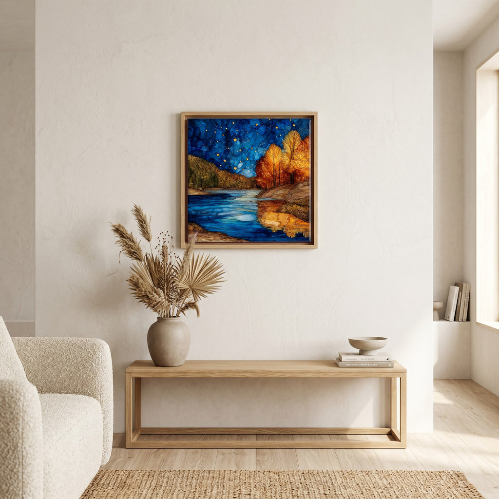 In the living room, above the sofa.