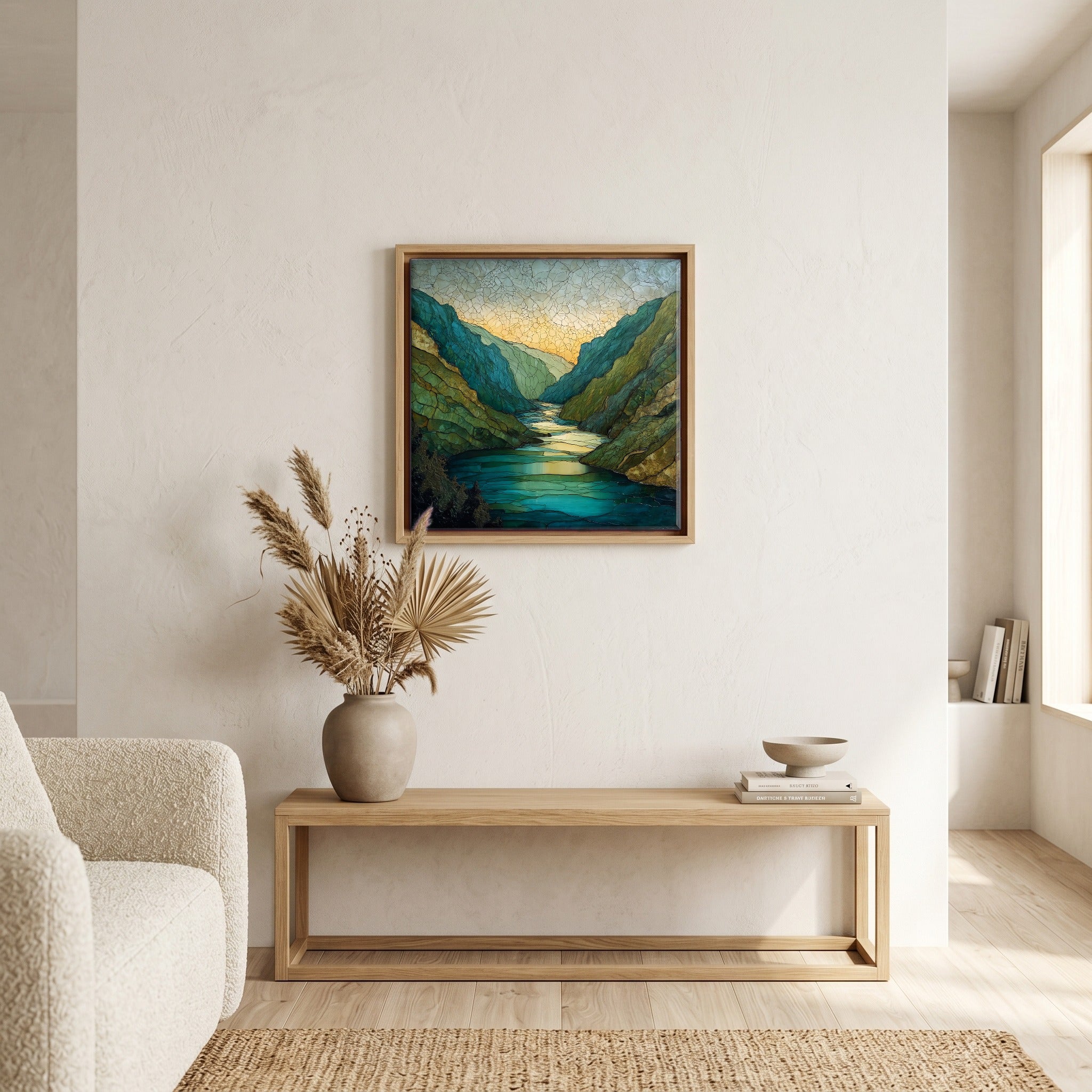 In the living room, above the sofa.