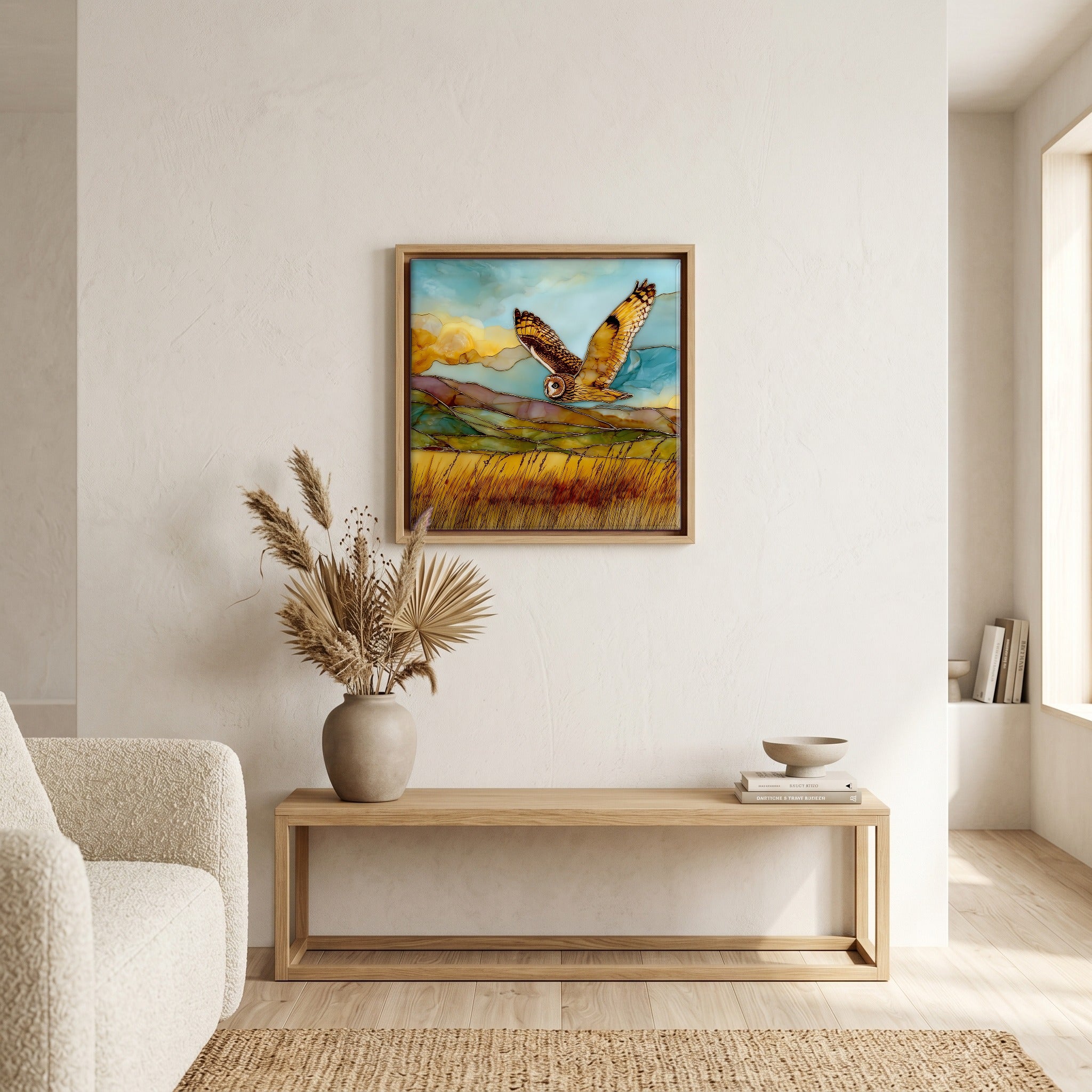 Above the bench, in a warm oak surround.