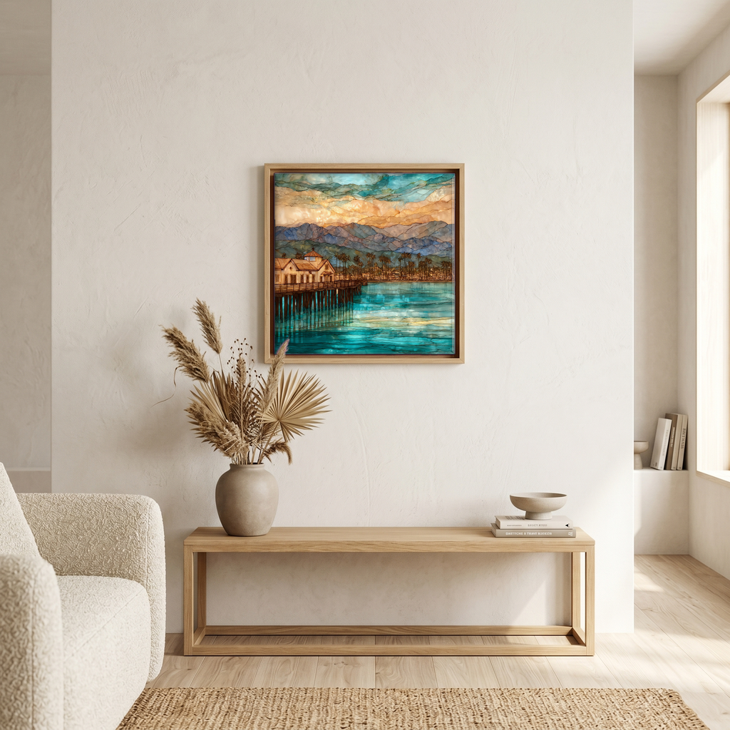 Above the bench, in a warm oak surround.