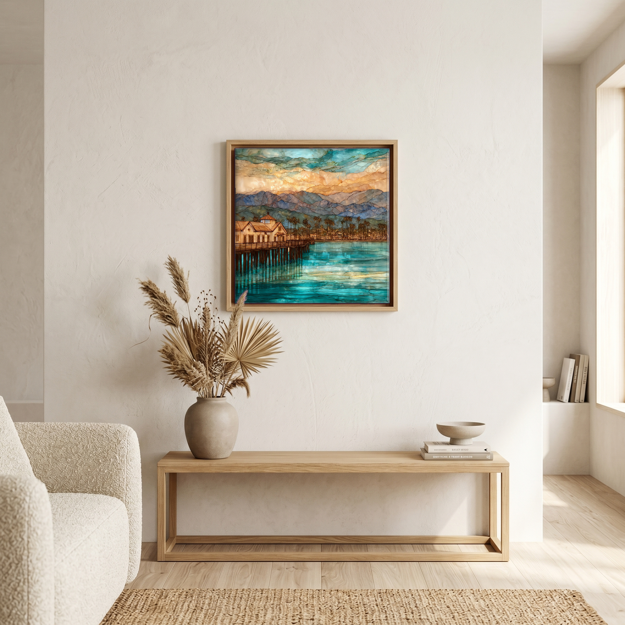 Above the bench, in a warm oak surround.