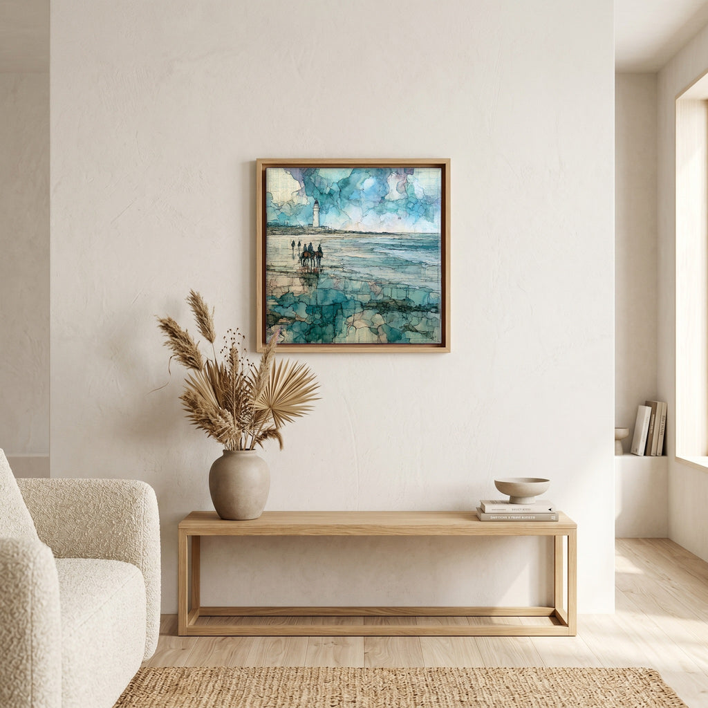 In the living room, above the sofa.