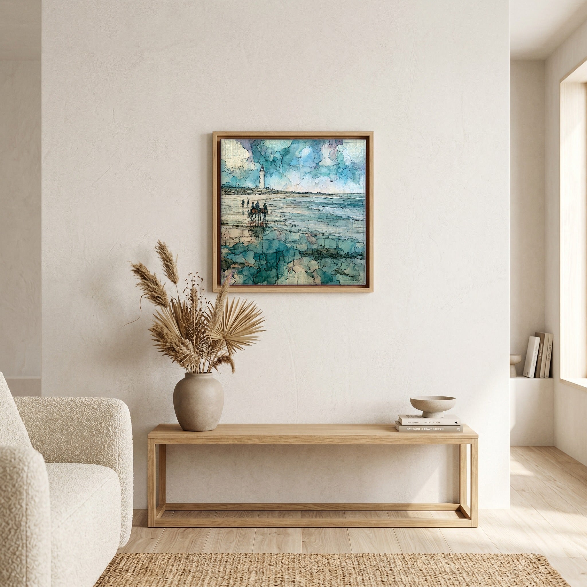In the living room, above the sofa.