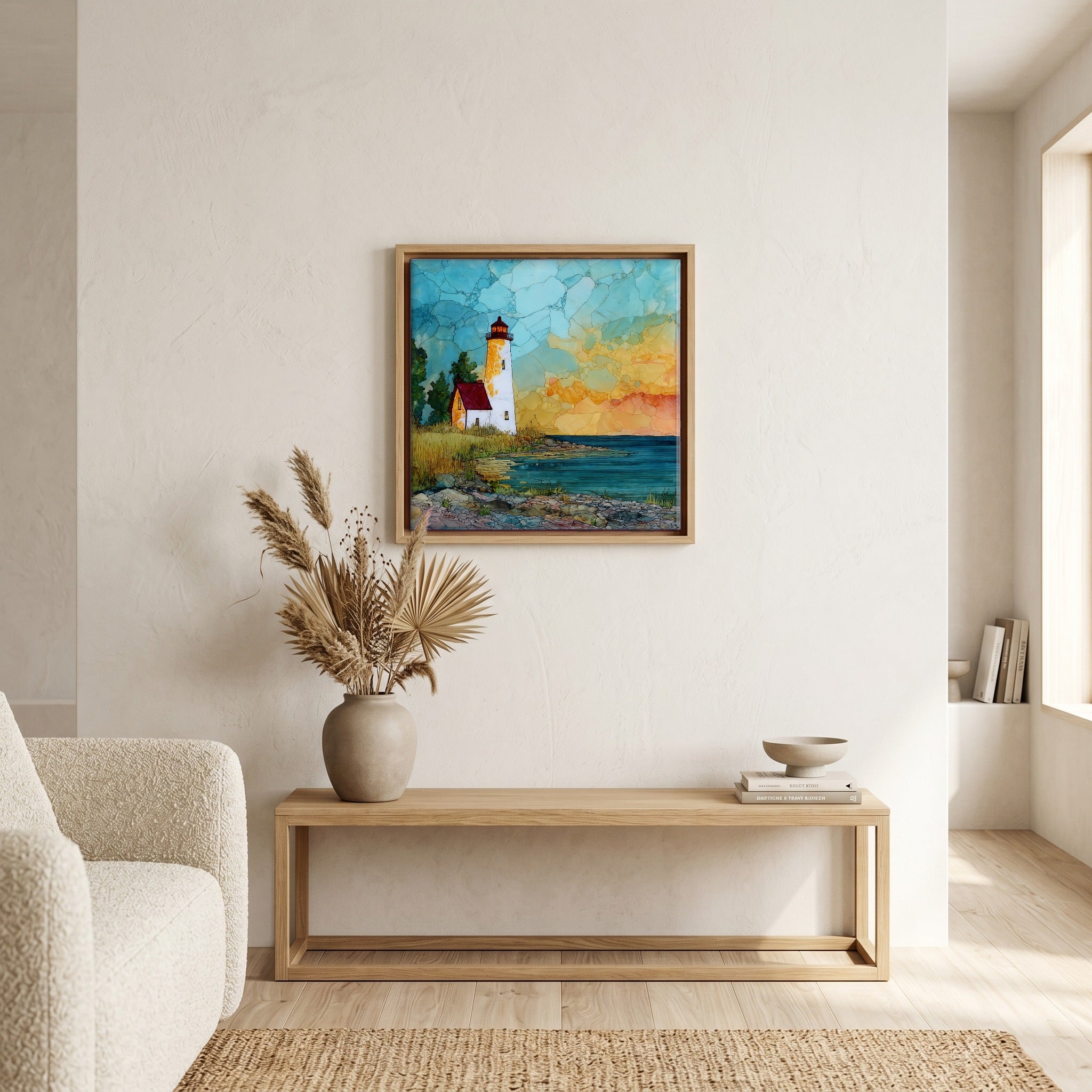 In the living room, above the sofa.