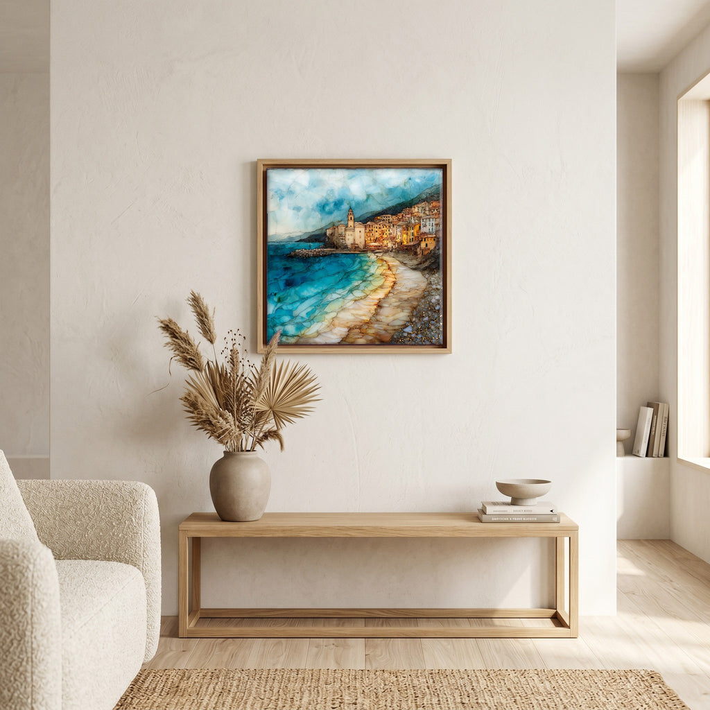 Above the bench, in a warm oak surround.