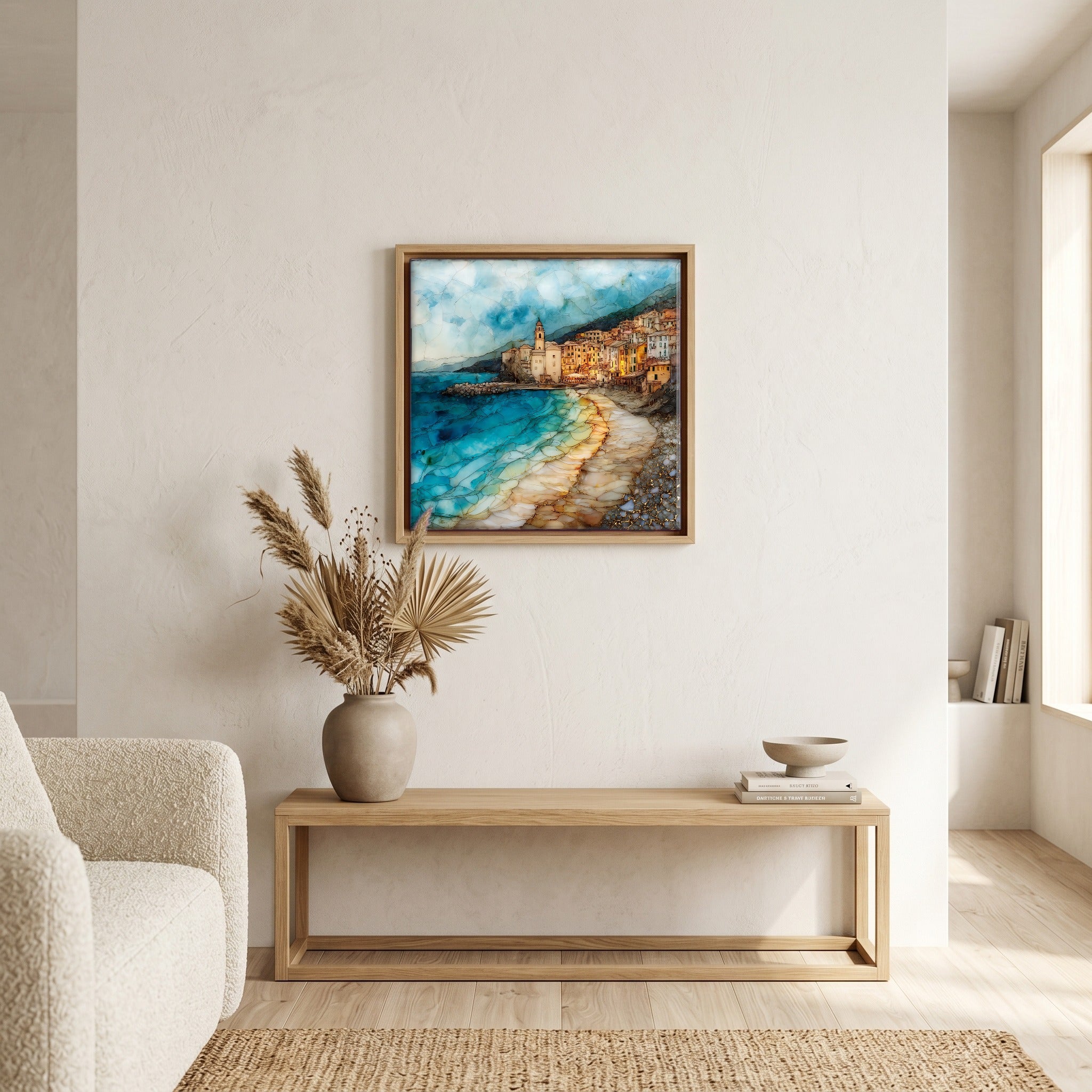 Above the bench, in a warm oak surround.