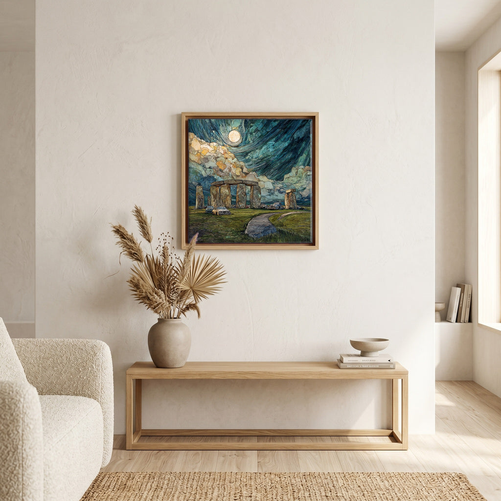 In the living room, above the sofa.