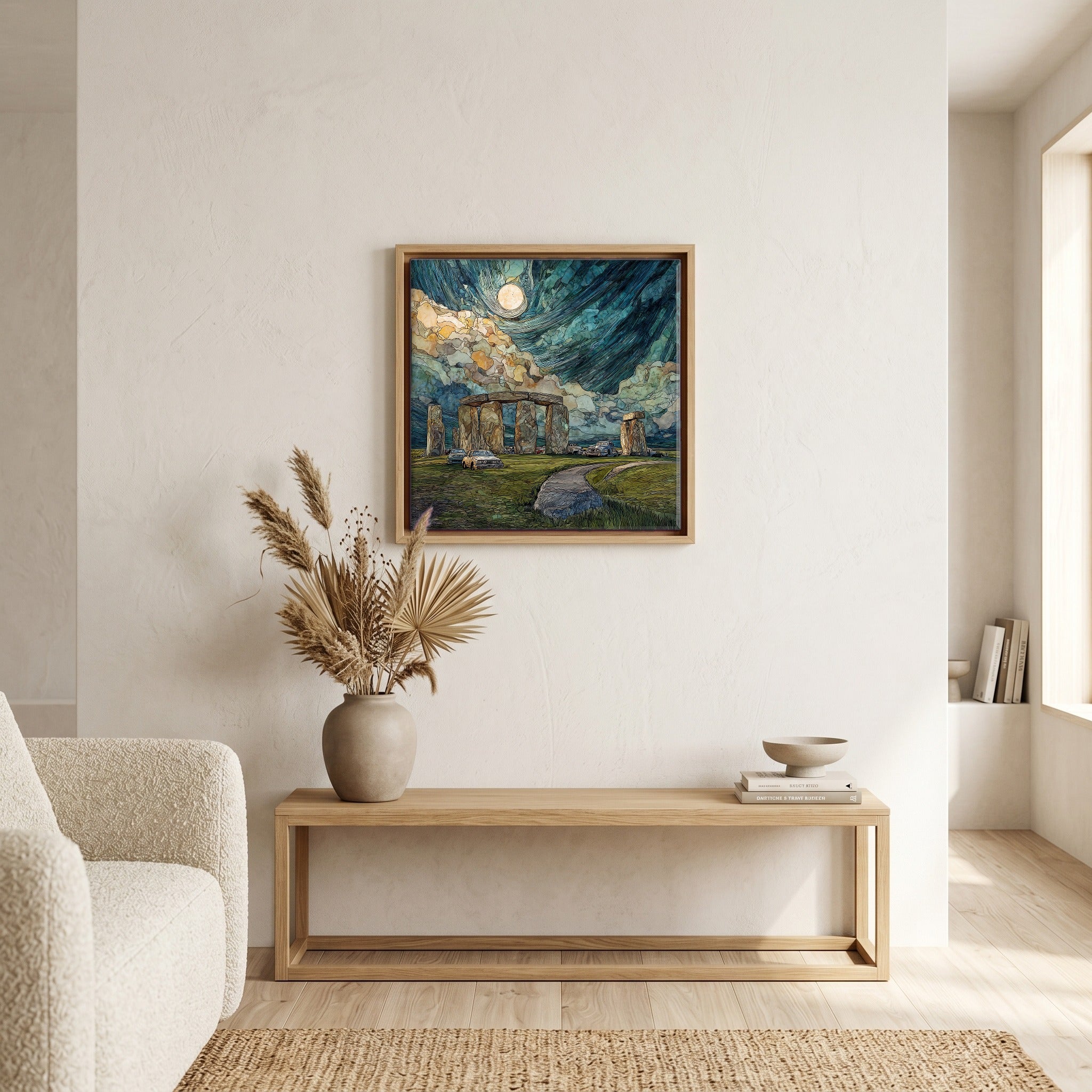 In the living room, above the sofa.